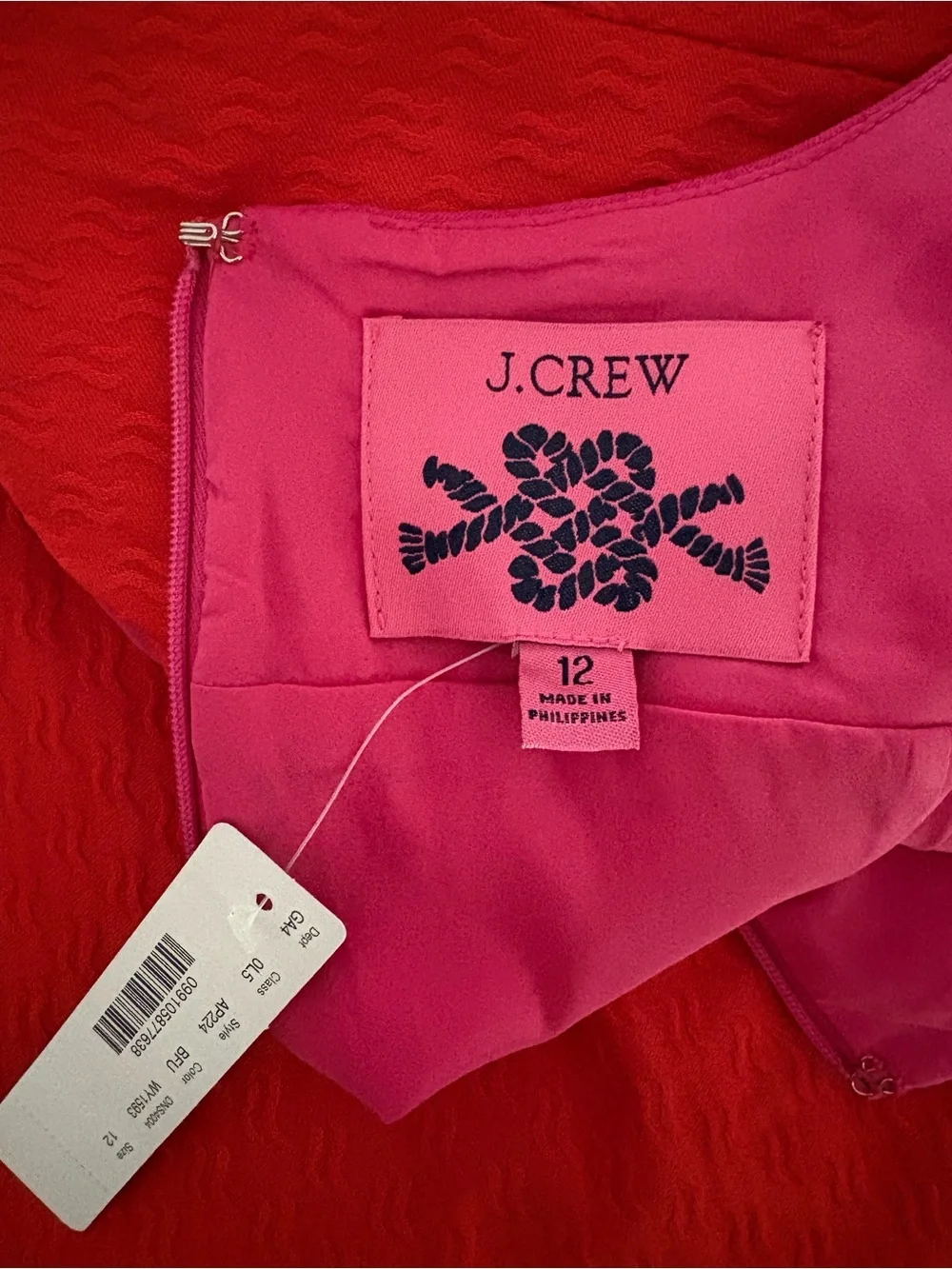 NWT J.Crew Sheath Dress in Colorblock Stretch Matelassé. Bright Fuchsia and Red